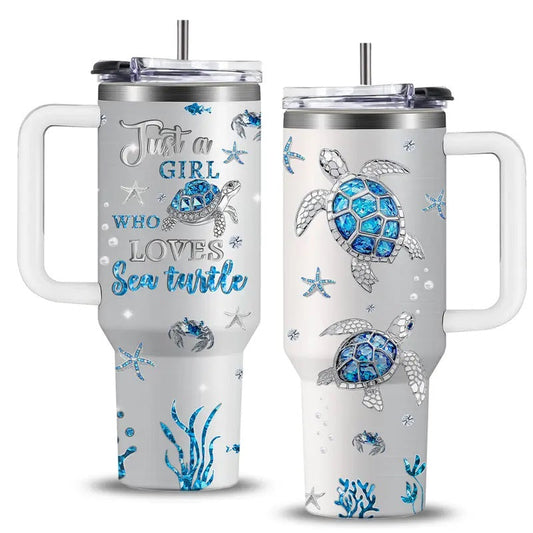 40oz Stainless Steel Insulated Vacuum Flask Tumbler - Sea Turtle & Marine Life Beach Coffee Drinkware with Straw, Handle, Ideal Women's Gift for Birthday, Christmas