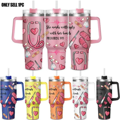 Nurse Pattern 40oz Insulated Coffee Tumbler with Lid, 1 Count Stainless Steel Water Bottle, Drinking Cup for Home Office School, Gift for Nurse, Birthday Gift, Drinkware, Insulated Tumblers
