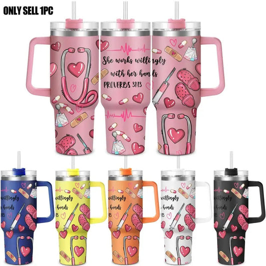 Nurse Pattern 40oz Insulated Coffee Tumbler with Lid, 1 Count Stainless Steel Water Bottle, Drinking Cup for Home Office School, Gift for Nurse, Birthday Gift, Drinkware, Insulated Tumblers