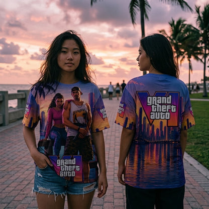 GTA 6 Vice City Inspired T-Shirt, Grand Theft Auto VI Graphic Tee, Retro Miami Sunset Gaming Shirt, Gamer Gift for Men and Women