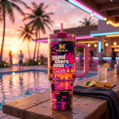 GTA VI Inspired 40oz Tumbler with Handle and Straw – Retro Miami Sunset, Tropical Palm Trees & 80s Neon Aesthetic Gaming Cup, Gift for Gamers