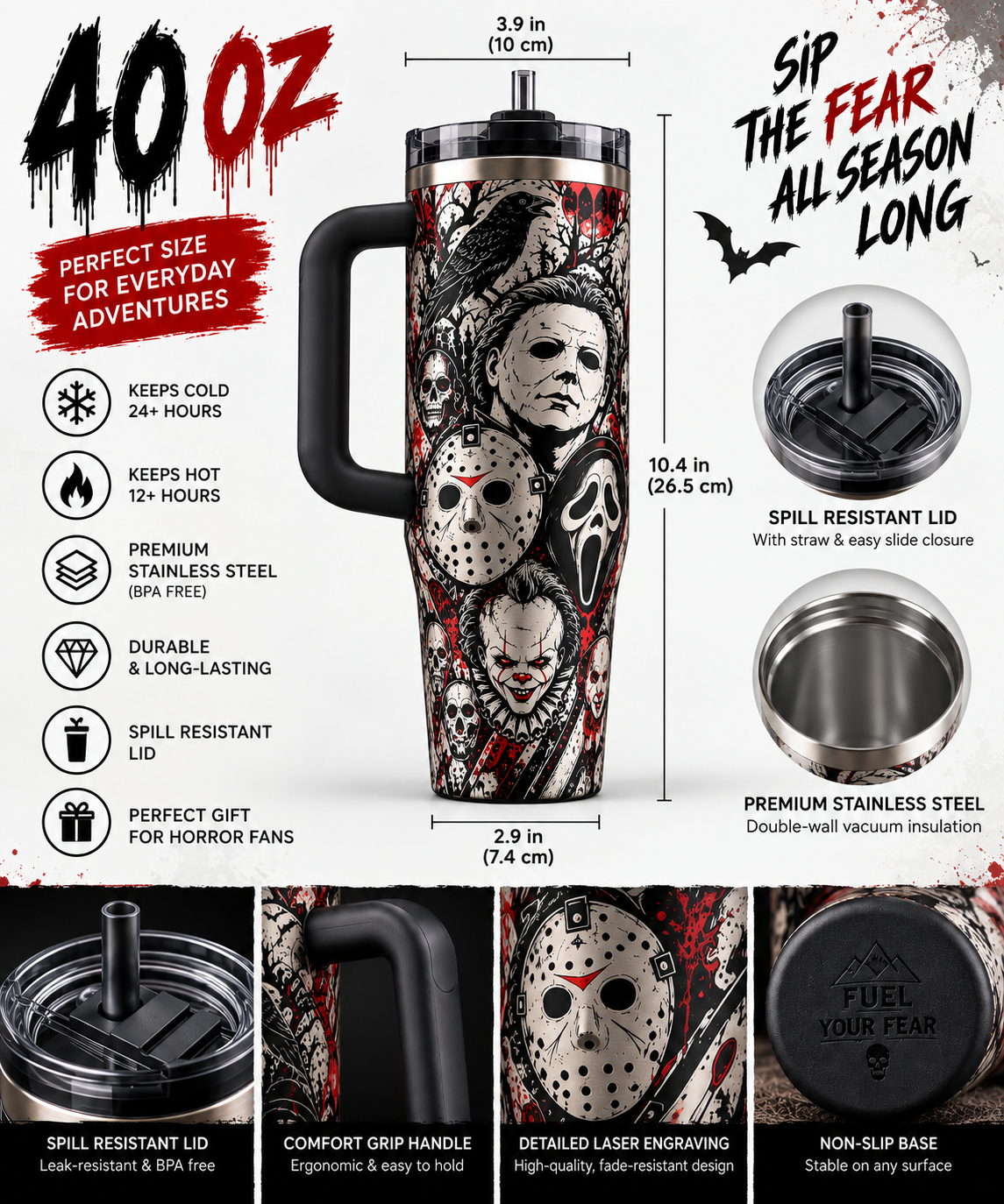 Horror Movie 40oz Tumbler – Scary Icons Insulated Travel Mug with Handle & Straw, Halloween Gift for Horror Fans