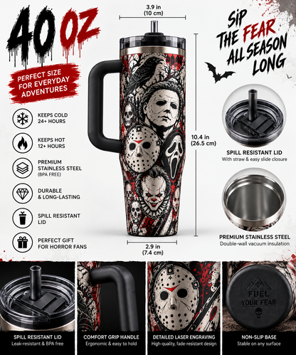 Horror Movie 40oz Tumbler – Scary Icons Insulated Travel Mug with Handle & Straw, Halloween Gift for Horror Fans