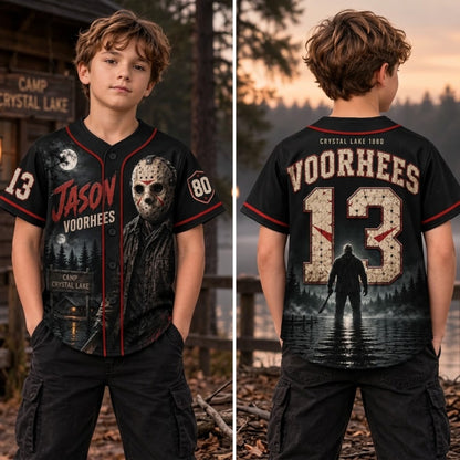 Kids Horror Slasher Baseball Jersey – Classic Horror Movie Characters 3D All-Over Print Button-Up Shirt, Halloween Outfit for Boys & Girls
