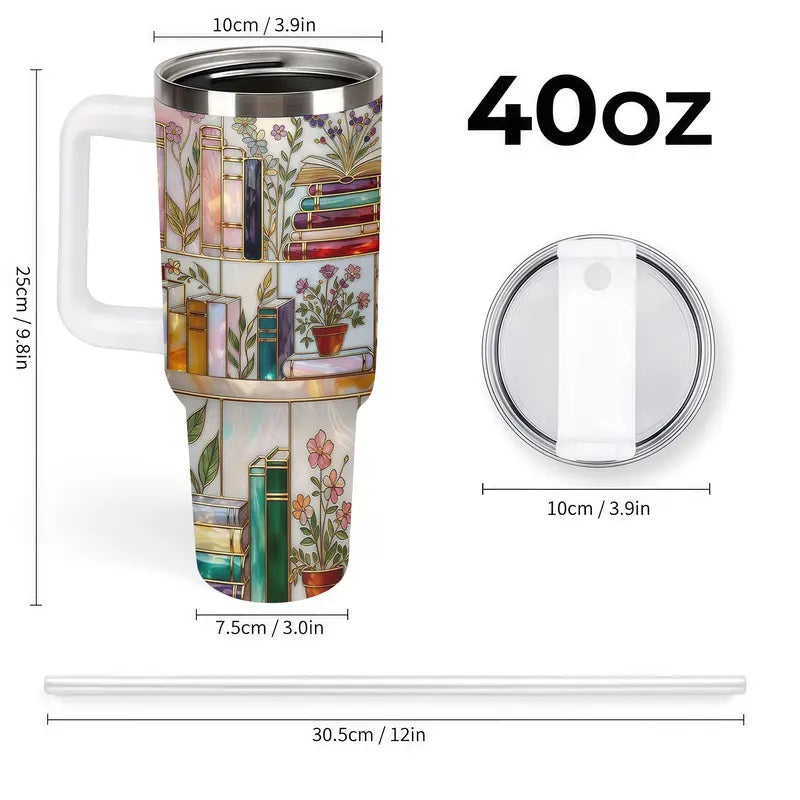 Stained-Glass Book Design 40oz Tumbler,Flat 2D Printed Floral Bookshelf Tumbler, Book Lover Gift, Bookish Cup, Library Cup, Tea Cup, Coffee Mug, Gift for Friends, Kitchen Drinkware