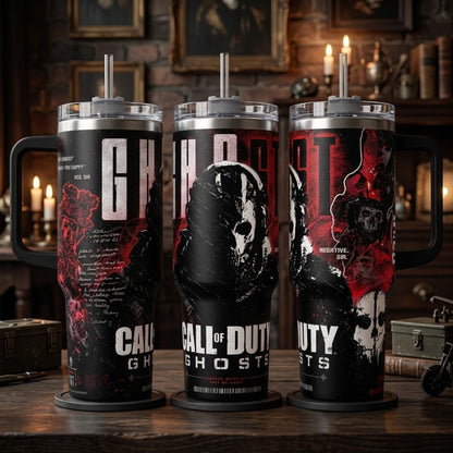 Call Of Duty Ghosts Tumbler COD Insulated Steel Drinkware 40oz Handle Coffee Cup, Portable Silicone-Lidded Reusable Bottle, COD Simon Riley Inspired, Printed Tactical Red-Black Graphic, "Legends Never Die They Go Ghost" Gamer Gift