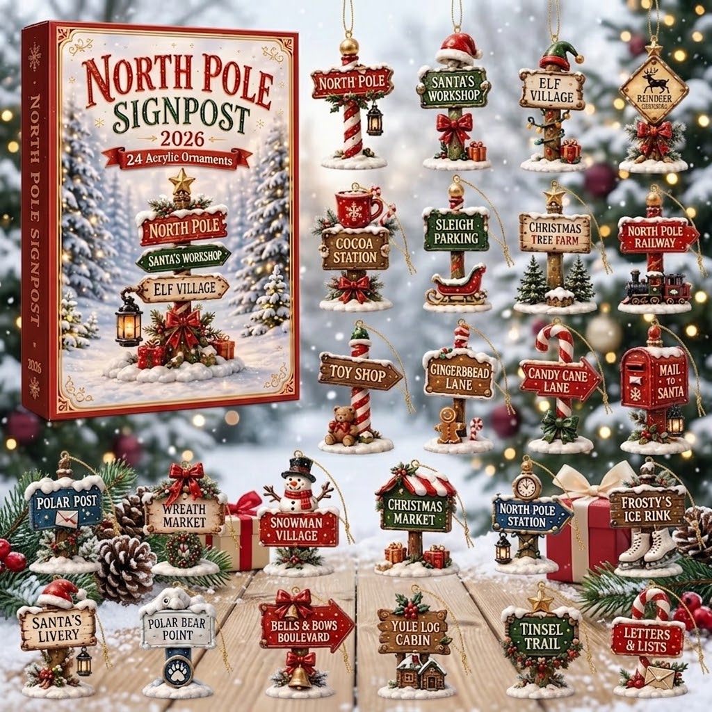 North Pole Signpost Advent Calendar 2026 – 24 Day Christmas Countdown with Acrylic Direction Sign Ornaments, Holiday Blind Box Gift
