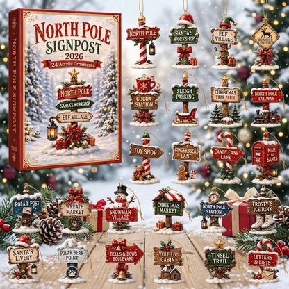 North Pole Signpost Advent Calendar 2026 – 24 Day Christmas Countdown with Acrylic Direction Sign Ornaments, Holiday Blind Box Gift