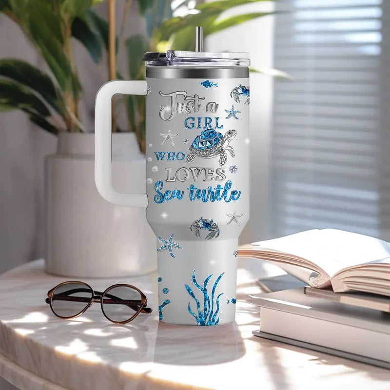 40oz Stainless Steel Insulated Vacuum Flask Tumbler - Sea Turtle & Marine Life Beach Coffee Drinkware with Straw, Handle, Ideal Women's Gift for Birthday, Christmas