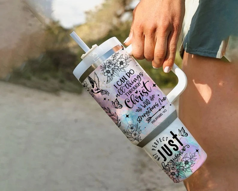 Christian Bible Verse 40oz Tumbler with Handle and Straw - Jesus Faith Floral Butterfly Cup - Inspirational Religious Gift for Women
