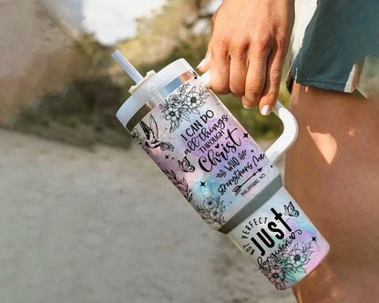 Christian Bible Verse 40oz Tumbler with Handle and Straw - Jesus Faith Floral Butterfly Cup - Inspirational Religious Gift for Women
