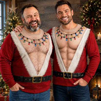 Funny Santa Abs Ugly Sweater, Hairy Chest 3D Print Holiday Party Gift, Chirstmas Gag Gift, Men Women Crewneck Pullover