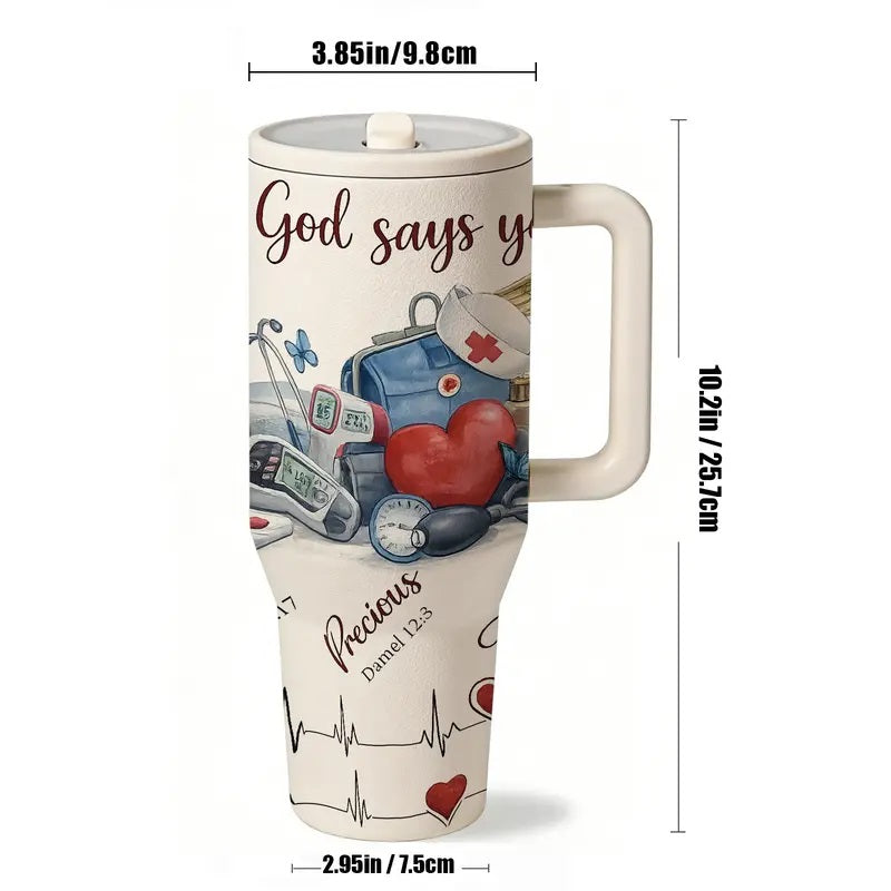 40oz Insulated Stainless Steel Mug, Vacuum Thermo Flask, Double Wall Vacuum Leak Proof, Keeps Hot 12h Cold 24h, Nurse Appreciation Gift, Heart Stethoscope Print, Holiday Gift for Women and Men