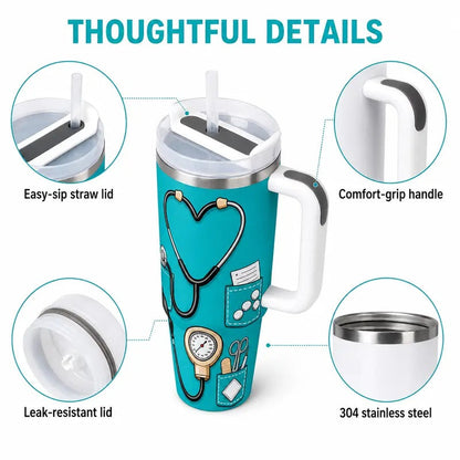 Nurse Gifts for Women 40oz Insulated Stainless Steel Tumbler with Handle and Straw, Nurse Nutrition Facts Water Cup, Nurses Week Appreciation Gift