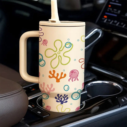 1PC 40oz Insulated Mug, Bikini Bottom Inspired Thermal Cup, Vacuum Insulated Tumbler, Ocean Jellyfish Coral Print, Double Wall, Leak-Proof, Handle & Straw Lid, 12H Hot/24H Cold Retention, Large Capacity Travel Tumbler