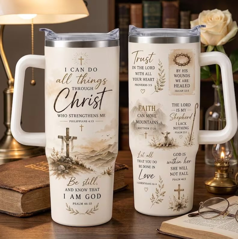 Christian Bible Verse 40oz Tumbler with Handle and Straw - Faith Inspirational Stainless Steel Cup - Religious Gift for Women
