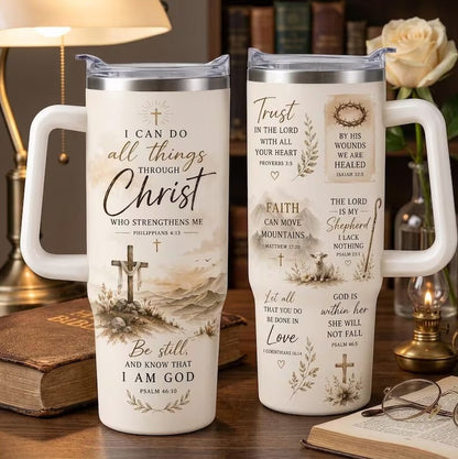 Christian Bible Verse 40oz Tumbler with Handle and Straw - Faith Inspirational Stainless Steel Cup - Religious Gift for Women
