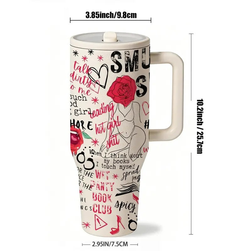 1 pc 40oz Insulated Mug with Handle and Straw Lid, Double-Wall Vacuum Leakproof Tumbler, Leak-Proof Large-Capacity Thermal Cup Keeps Drinks Hot 12 Hours and Cold 24 Hours, Smut Book Club Dark Rose Heart Print Gift for Women and Men, Insulated Travel Cup