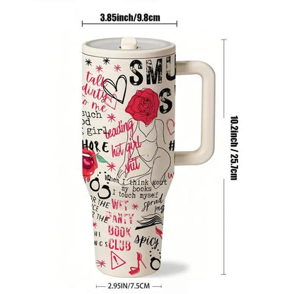 1 pc 40oz Insulated Mug with Handle and Straw Lid, Double-Wall Vacuum Leakproof Tumbler, Leak-Proof Large-Capacity Thermal Cup Keeps Drinks Hot 12 Hours and Cold 24 Hours, Smut Book Club Dark Rose Heart Print Gift for Women and Men, Insulated Travel Cup