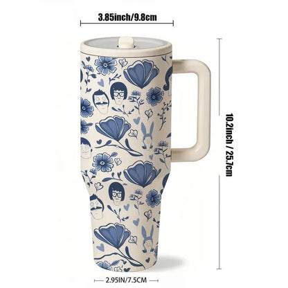 1pc 40oz Stainless Steel Insulated Tumbler with Handle, Insulated Travel Drinkware, Blue Floral Print Travel Mug with Lid, Large Capacity Cup for Water, Coffee, Tea and Iced Drinks, Reusable Portable Car Cup for Home