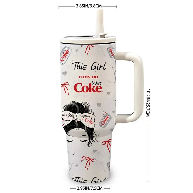 1 Pc Mikenda 40-Oz Stainless Steel Funny Quote Tumbler with Handle and Straw, This Girl Runs on Diet Coke Funny Design, Double-Wall Vacuum Insulated Mug