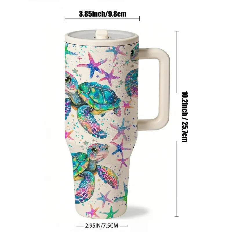 40oz Insulated with Handle, Lid and Straw, Stainless Steel Vacuum Travel Mug, Insulated Flask, Insulated Tumblers, Sea Turtle Ocean Print, Large Capacity for Hot & Cold Drinks, Coffee Mug