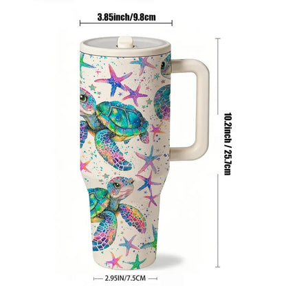 40oz Insulated with Handle, Lid and Straw, Stainless Steel Vacuum Travel Mug, Insulated Flask, Insulated Tumblers, Sea Turtle Ocean Print, Large Capacity for Hot & Cold Drinks, Coffee Mug