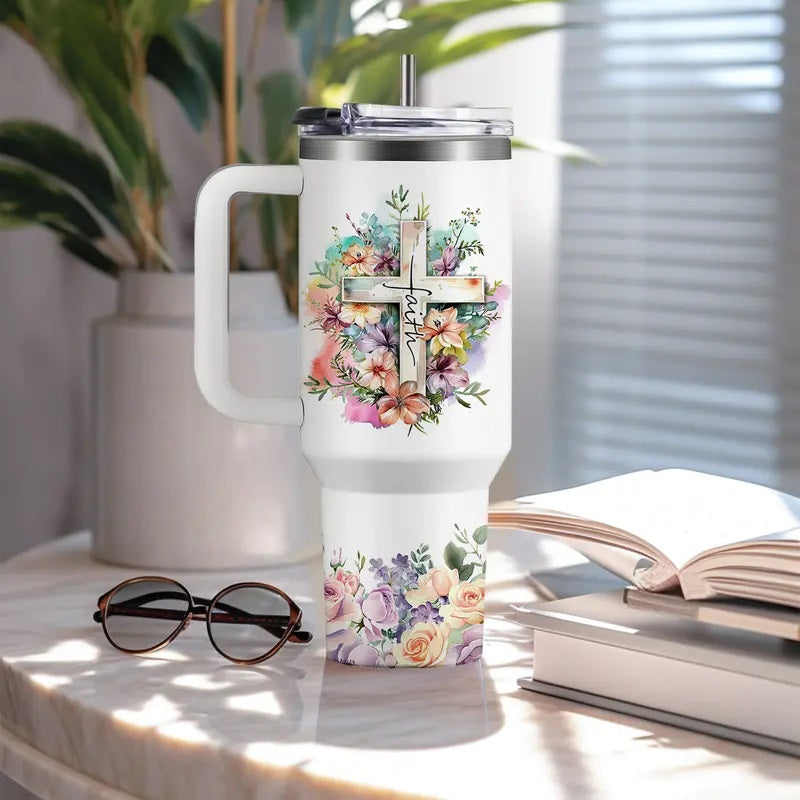 40oz Vacuum Flask Christian Women's Tumbler with Handle & Straw - Transparent Coffee Water Bottle, Faith-Inspired Religious Gift for Mom, Friends