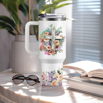 40oz Vacuum Flask Christian Women's Tumbler with Handle & Straw - Transparent Coffee Water Bottle, Faith-Inspired Religious Gift for Mom, Friends