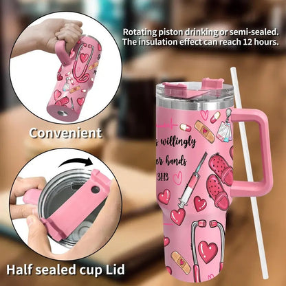Nurse Pattern 40oz Insulated Coffee Tumbler with Lid, 1 Count Stainless Steel Water Bottle, Drinking Cup for Home Office School, Gift for Nurse, Birthday Gift, Drinkware, Insulated Tumblers