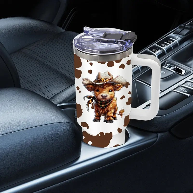 1pc 40oz Stainless Steel Insulated Highland Cattle Cow Tumbler - Vacuum Flask Travel Drinkware with Lid & Straw, Must-Have Gift for Cow Lovers, Mom & Friend, Stainless Steel Flask, Animal-Themed Portable Drinkware