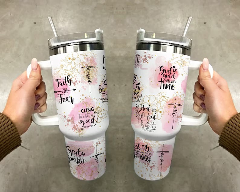 Christian Faith Bible Verse 40oz Tumbler with Handle and Straw - Pink Floral Inspirational Cup - Religious Gift for Women