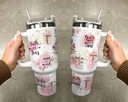 Christian Faith Bible Verse 40oz Tumbler with Handle and Straw - Pink Floral Inspirational Cup - Religious Gift for Women