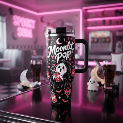 40oz Spooky Cute Ghost Tumbler with Handle and Straw Halloween Soda Lover Insulated Travel Mug Stainless Steel Cup Gift