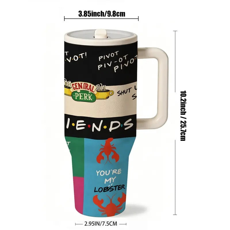 1pc 40oz Friends Coffeehouse Tumbler, Insulated Drinkware, Stainless Steel Insulated Mug with Handle, Vacuum Insulated Cups, Retro Quote Travel Cup for Coffee, Tea and Cold Drinks