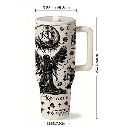 40 oz Sleep Token Insulated Gothic Fantasy Tumbler with Handle and Straw, Gothic Angel Moon Art Stainless Steel Vacuum Insulated Travel Mug, Large Capacity Car Coffee Thermos Keeps Drinks Hot