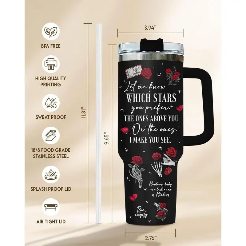Dark Romance Bookish Tumbler, 40oz Stainless Steel Cup with Handle, Skeleton Hand and Rose Design, Run Little Mouse Coffee Cup, Birthday Gifts for Book Lovers, Fans, Kitchen Drinkware