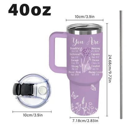 Women's 40oz Sturdy Transparent Vacuum Flask Tumbler with Handle - Purple Christian Beach & Coffee Drinkware, Spiritual Encouragement Gift for Mom, Birthday, Christmas