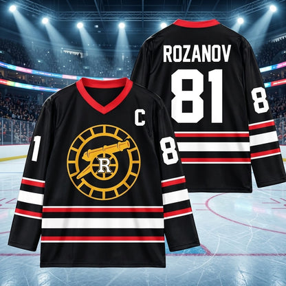 Rozanov #81 Hockey Jersey – Black Red White Long Sleeve V-Neck Ice Hockey Fan Shirt, Hockey Lover Gift