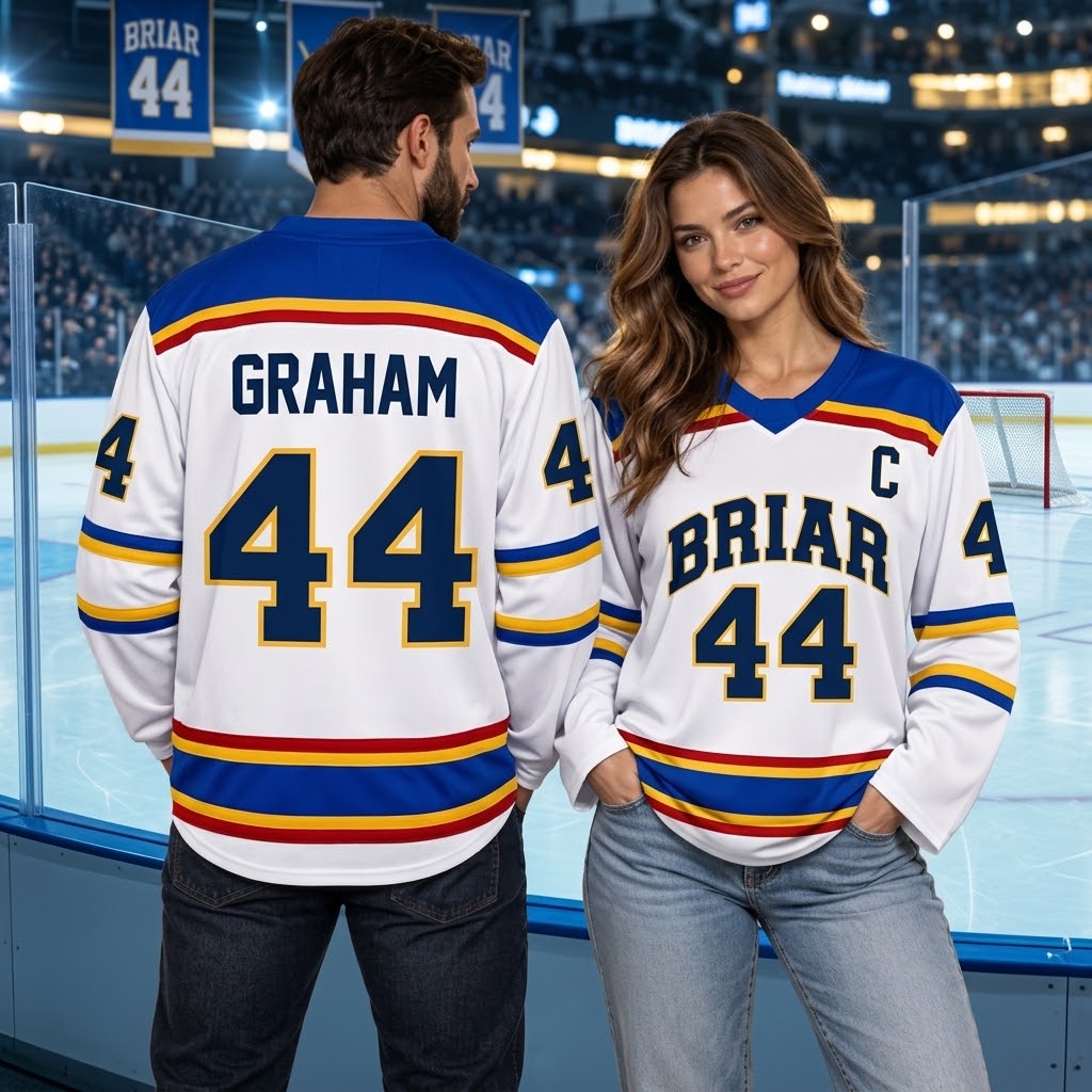 Briar Graham #44 Hockey Jersey – White Blue Gold Ice Hockey Fan Shirt, Long Sleeve V-Neck Hockey Uniform, Hockey Lover Gift