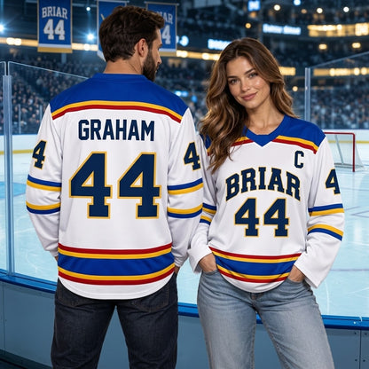Briar Graham #44 Hockey Jersey – White Blue Gold Ice Hockey Fan Shirt, Long Sleeve V-Neck Hockey Uniform, Hockey Lover Gift