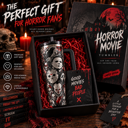 Horror Movie 40oz Tumbler – Scary Icons Insulated Travel Mug with Handle & Straw, Halloween Gift for Horror Fans