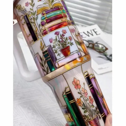 Stained-Glass Book Design 40oz Tumbler,Flat 2D Printed Floral Bookshelf Tumbler, Book Lover Gift, Bookish Cup, Library Cup, Tea Cup, Coffee Mug, Gift for Friends, Kitchen Drinkware