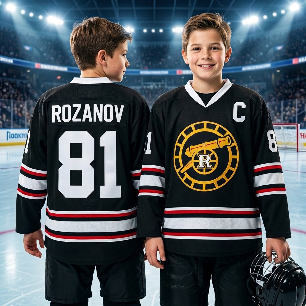 Kids Hockey Inspired Jersey – Black V-Neck Long Sleeve Hockey Shirt, Youth Hockey Fan Pullover, Ice Hockey Gift for Boys & Girls