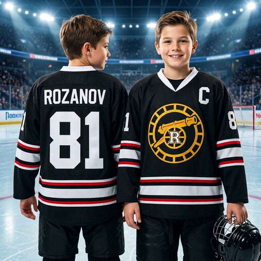 Kids Hockey Inspired Jersey – Black V-Neck Long Sleeve Hockey Shirt, Youth Hockey Fan Pullover, Ice Hockey Gift for Boys & Girls