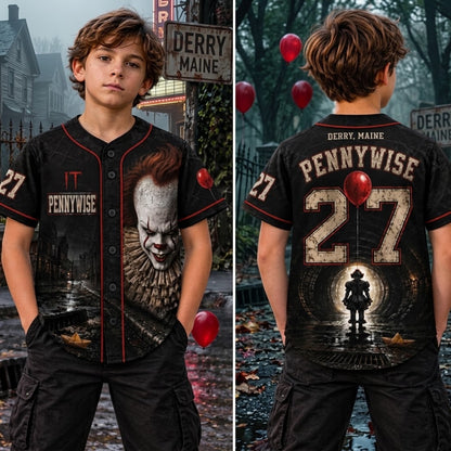 Kids Horror Slasher Baseball Jersey – Classic Horror Movie Characters 3D All-Over Print Button-Up Shirt, Halloween Outfit for Boys & Girls