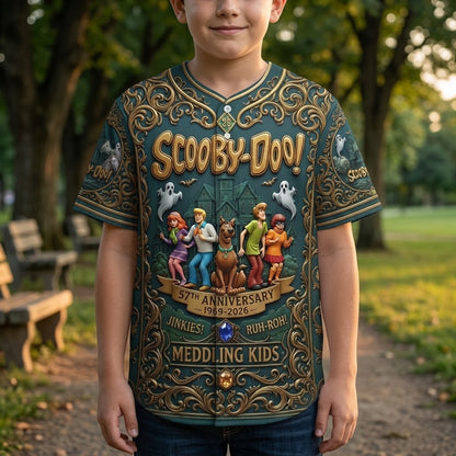 Scooby-Doo 57th Anniversary 1969–2026 Kids Baseball Jersey – Mystery Inc. 3D All-Over Print Button-Up Shirt, Retro Cartoon Gift for Boys & Girls