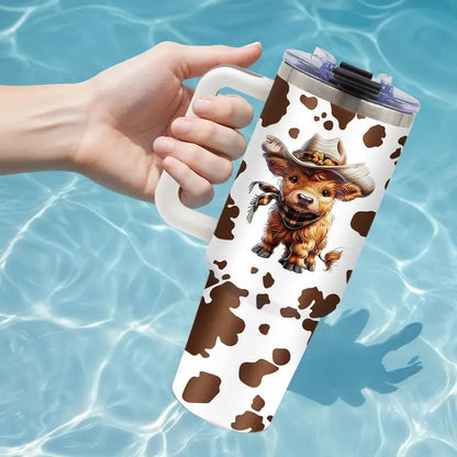 1pc 40oz Stainless Steel Insulated Highland Cattle Cow Tumbler - Vacuum Flask Travel Drinkware with Lid & Straw, Must-Have Gift for Cow Lovers, Mom & Friend, Stainless Steel Flask, Animal-Themed Portable Drinkware
