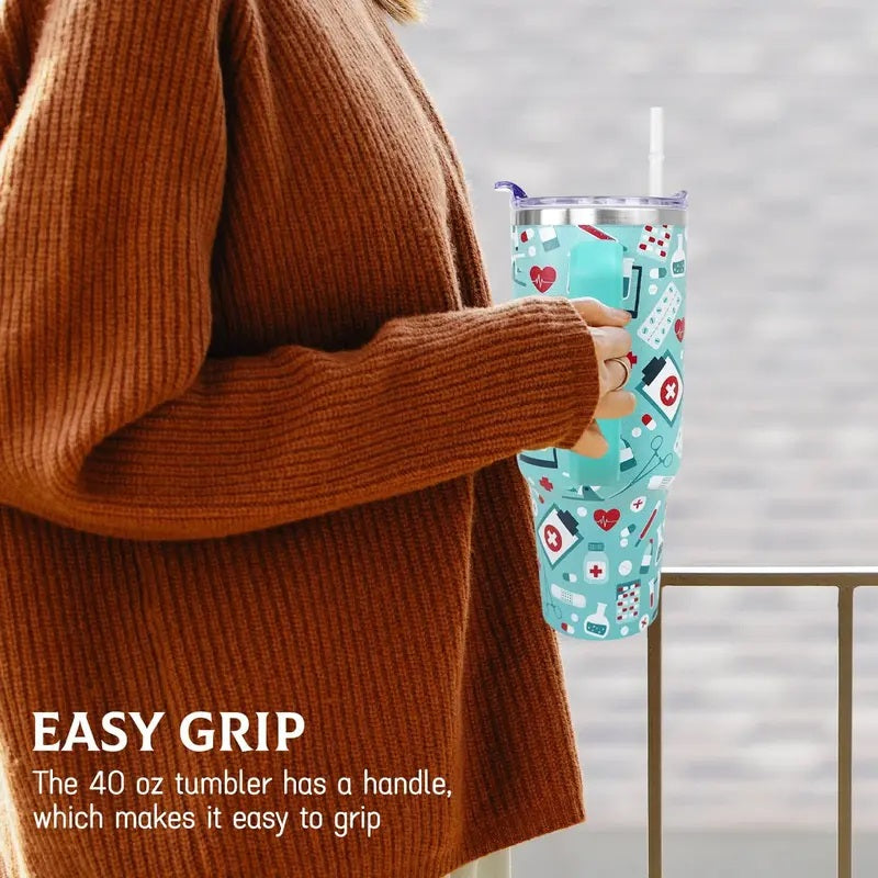 40oz Stainless Steel Printed Insulated Nurse Vacuum Flask Bottle - Anti-Leak Indoor Drinkware with Lid, Straw - Nursing Student Gifts for Valentines, Mothers Day, Portable Kitchenware for Coffee