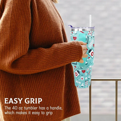 40oz Stainless Steel Printed Insulated Nurse Vacuum Flask Bottle - Anti-Leak Indoor Drinkware with Lid, Straw - Nursing Student Gifts for Valentines, Mothers Day, Portable Kitchenware for Coffee